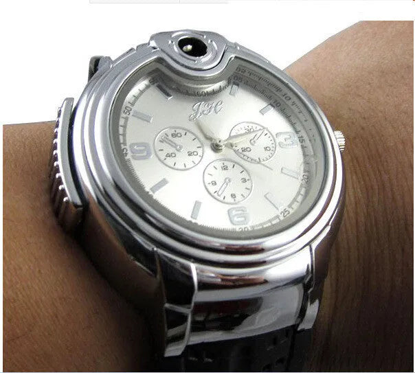 Metal butane lighter with hand-indicating fire mechanism, available in White or Black, electronic ignition, watch-style design