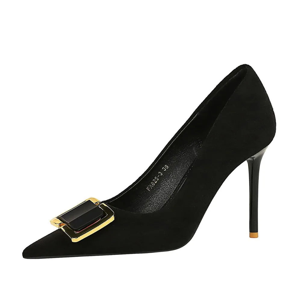Black suede women's stiletto high heels with a 9cm heel and pointed toe on a plain background.