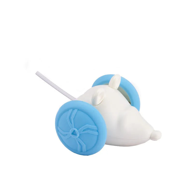 Electric interactive cat toy showing blue technology mouse design with remote control and USB charging cable