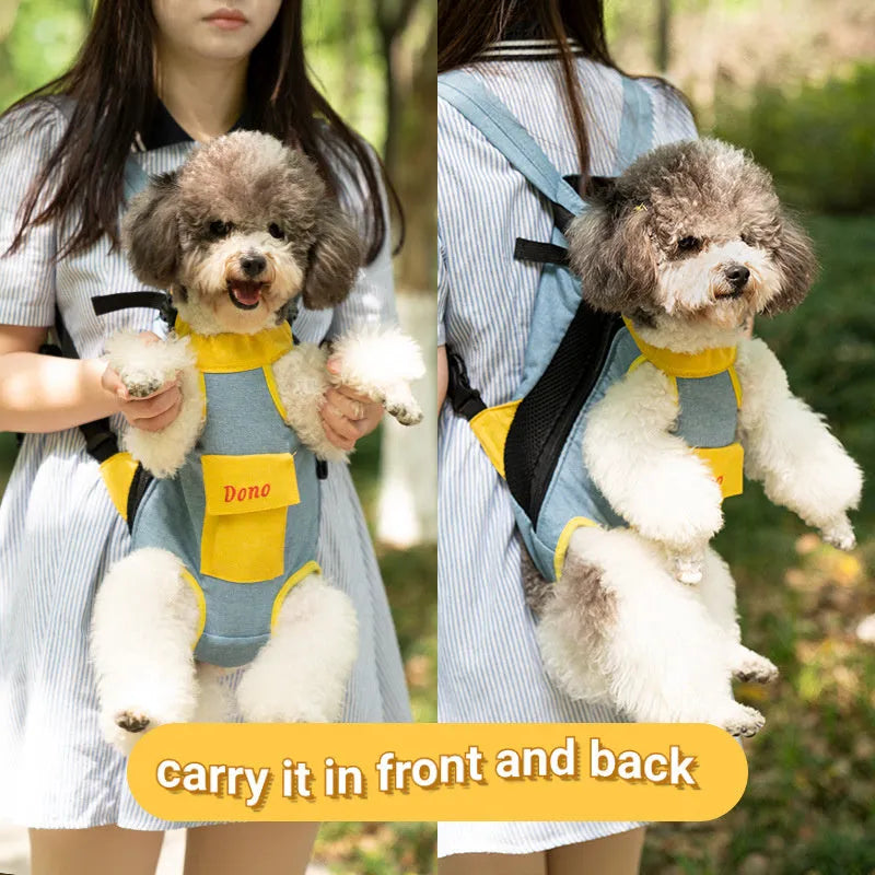 Front-facing pet carrier sling bag with breathable mesh and adjustable shoulder strap.