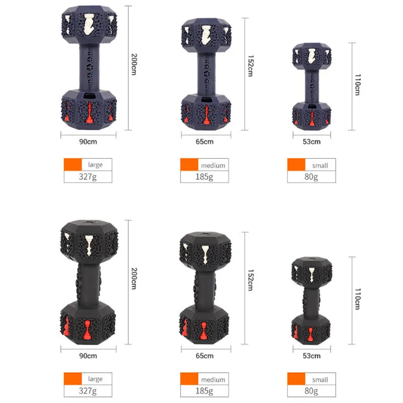 Black durable rubber dumbbell dog chew toy with textured surface and hollow ends for treats.