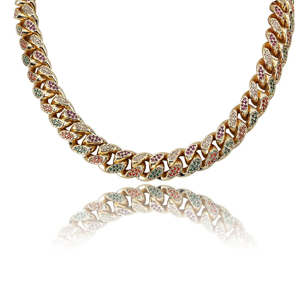 14mm rainbow pendant necklace on a copper chain with gold finish, adjustable from 51 to 80 cm