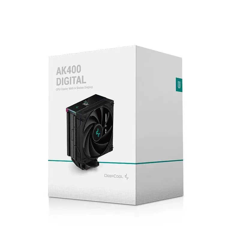 DeepCool AK Series black CPU tower air cooler with digital display and dual fans