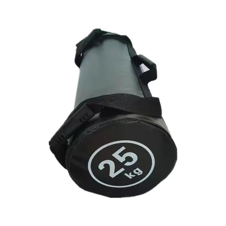 Flat white PVC fitness sandbag for weight training on a gym floor.