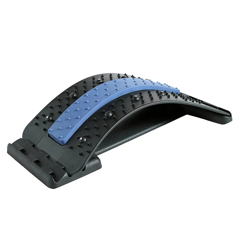 Blue lumbar disc corrector with rectangular trapezoid shape, adjustable 7/9/11 cm height, 38x25cm size, mechanical control, 8 massage heads
