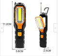 Multifunctional COB work light in ABS plastic housing with LED light, available as dry battery or rechargeable USB model
