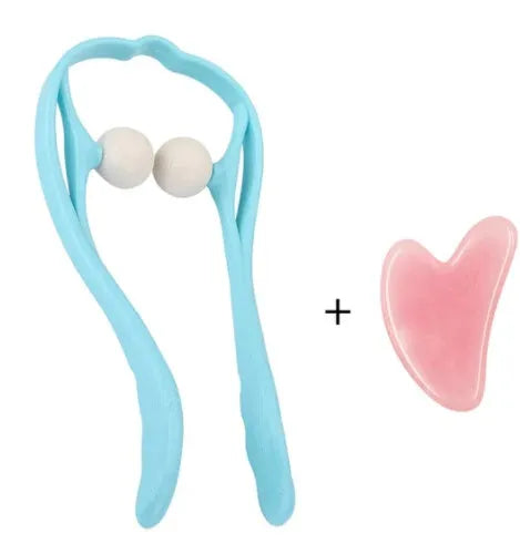 Blue plastic swan-shaped neck massager hand roller with 3D floating points on a white background.