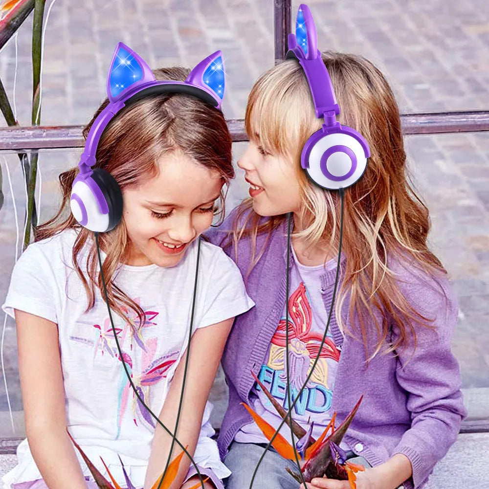 LED flashing cat ear headphones, wired 3.5mm over-ear headdress with 40mm speakers in peach pink or purple