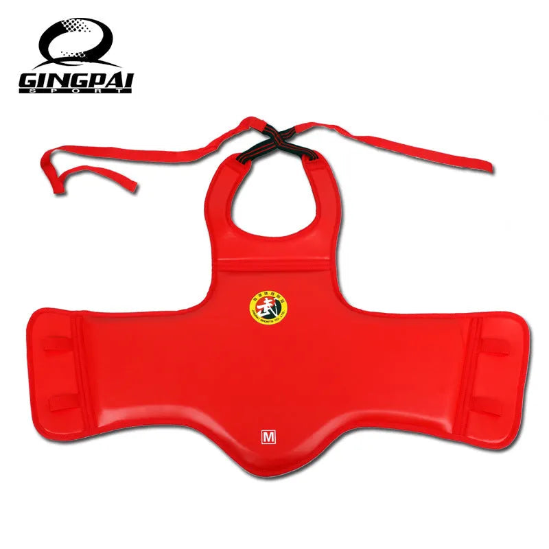 Boxing helmet and chest protector set in red colour with PU construction