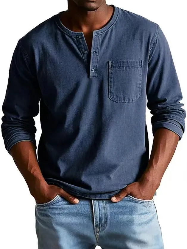 V-neck long-sleeved T-shirt with button design in solid colour, men's casual polyester pullover