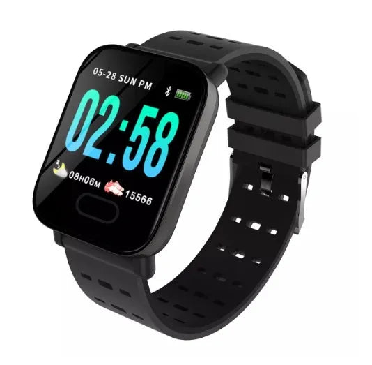 A6 smart bracelet with colour screen and silicone strap shown in blue, black, and orange colours.