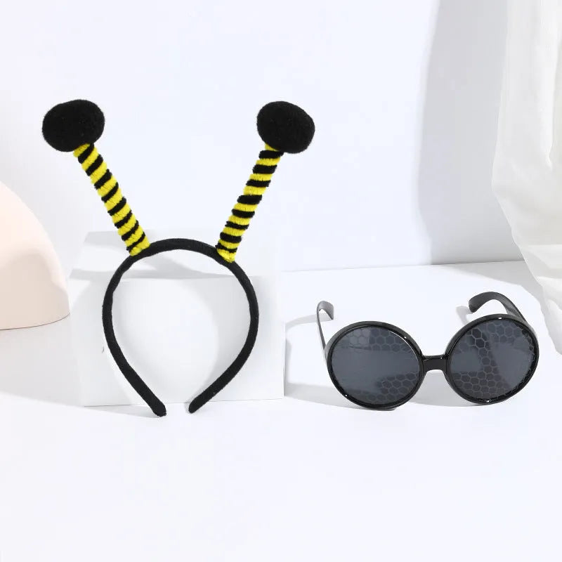 Child's insect costume headband and glasses set for dress-up, showing bee, butterfly, and ladybug themes.