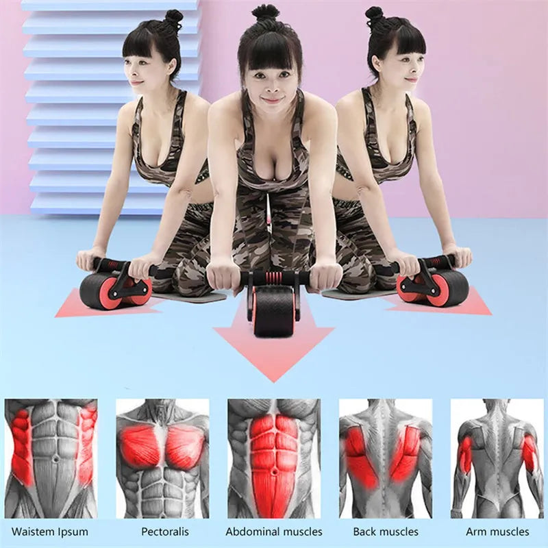 Double wheel abdominal exerciser with automatic rebound and blue kneeling pad on a dark surface