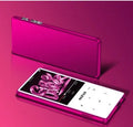 Silver portable MP3 player with a 2.4-inch touchscreen displaying a music playlist.