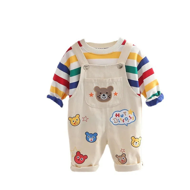 Boys' plaid top and strap trousers set in yellow or milky white, cotton outfit, sizes 80cm to 120cm