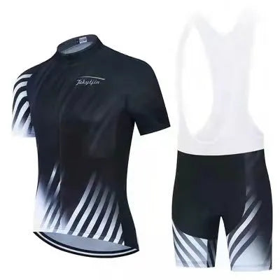 Cycling jersey and bib shorts set for men and women in a moisture-wicking fabric.