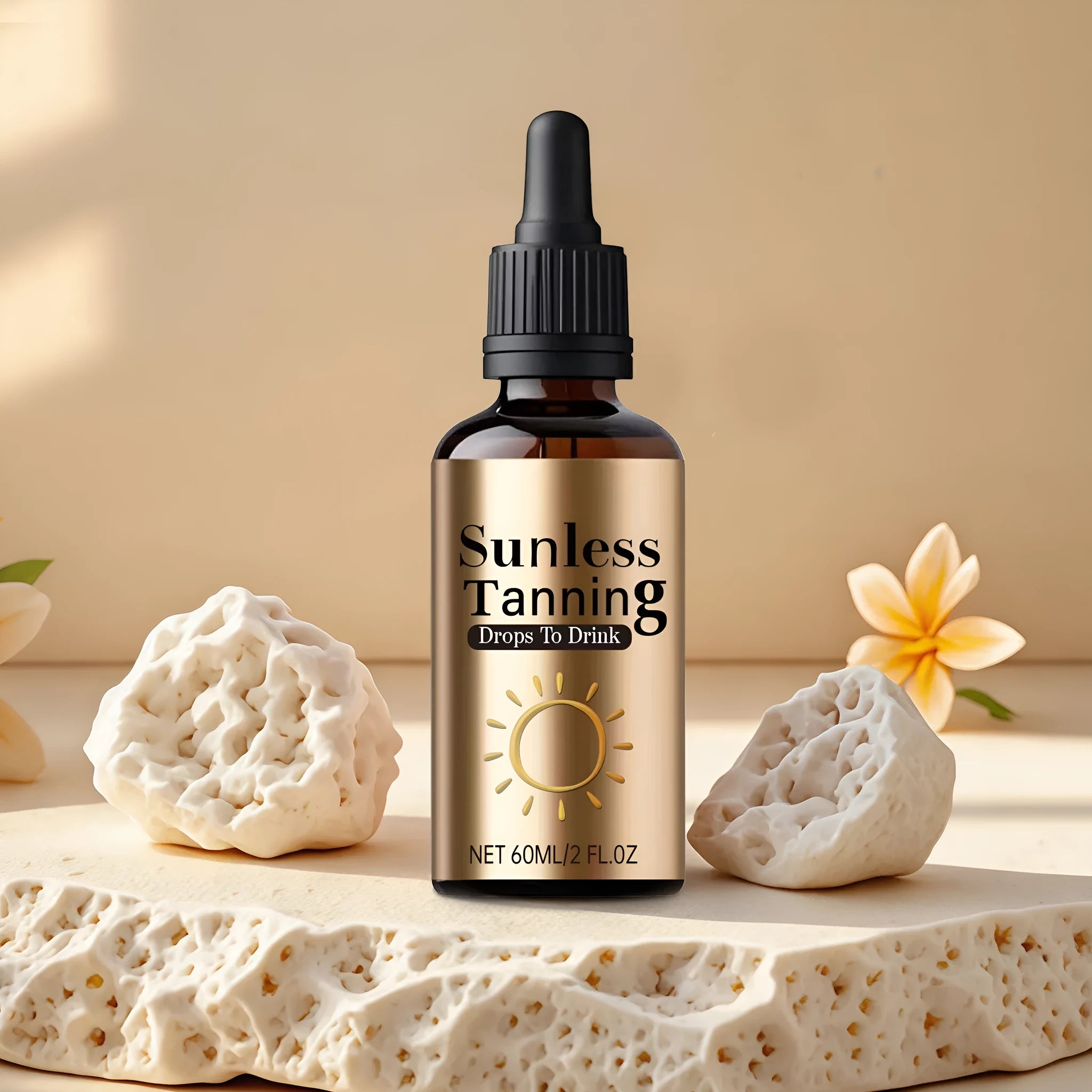 A black bottle containing 60ml of unisex oral drops for universal skincare.