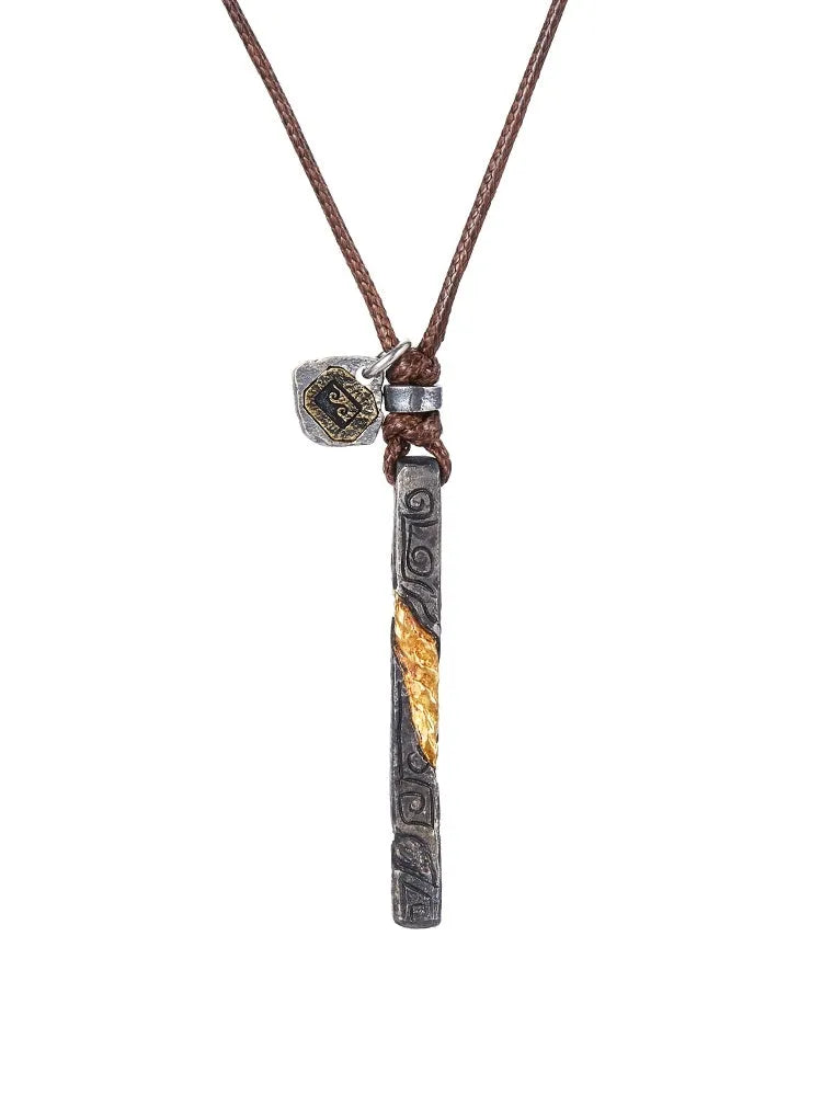 Handmade sterling silver men's necklace with gold inlay and gemstone detail