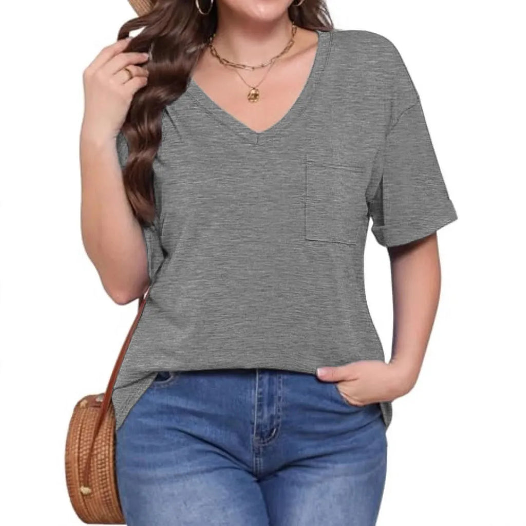 Grey loose-fit V-neck t-shirt with a front pocket and short sleeves on a plain background