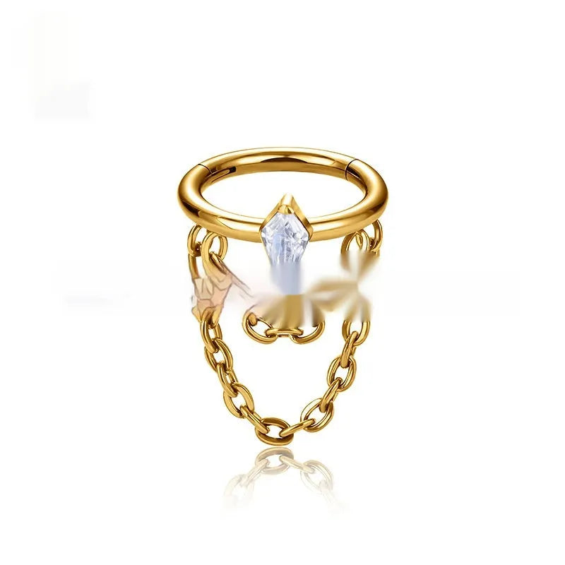 Titanium alloy inlaid zircon hanging double chain ear studs in gold colour unisex style