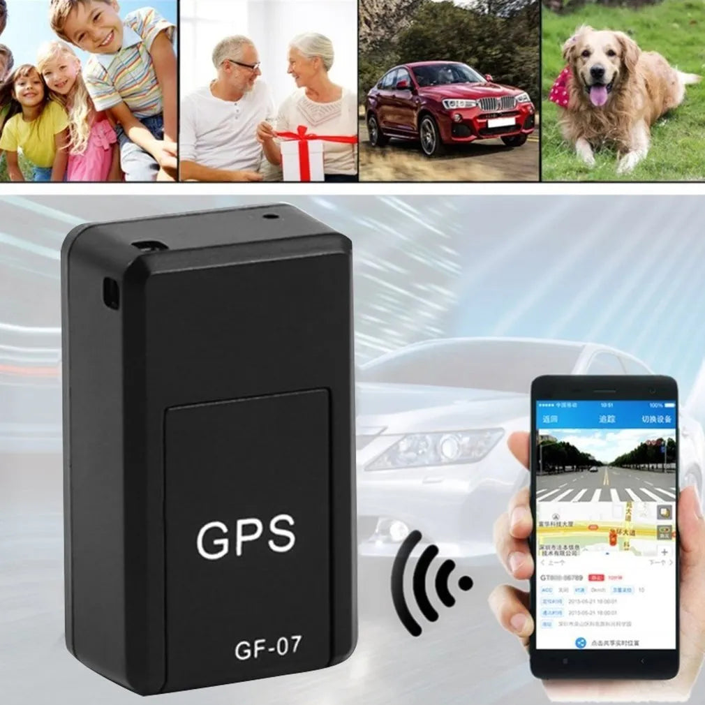 Black mini magnetic GPS tracker, 35×20×14mm, rechargeable with USB cable