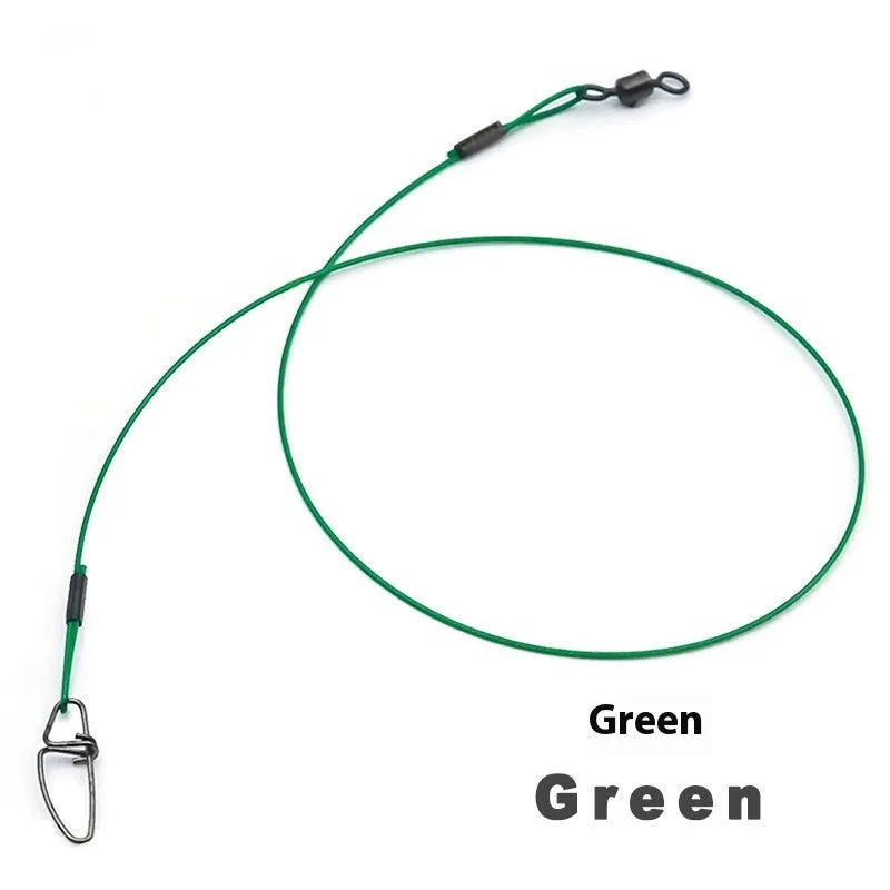 Set of steel wire fishing leaders in black, green, and red with double buckle pins.