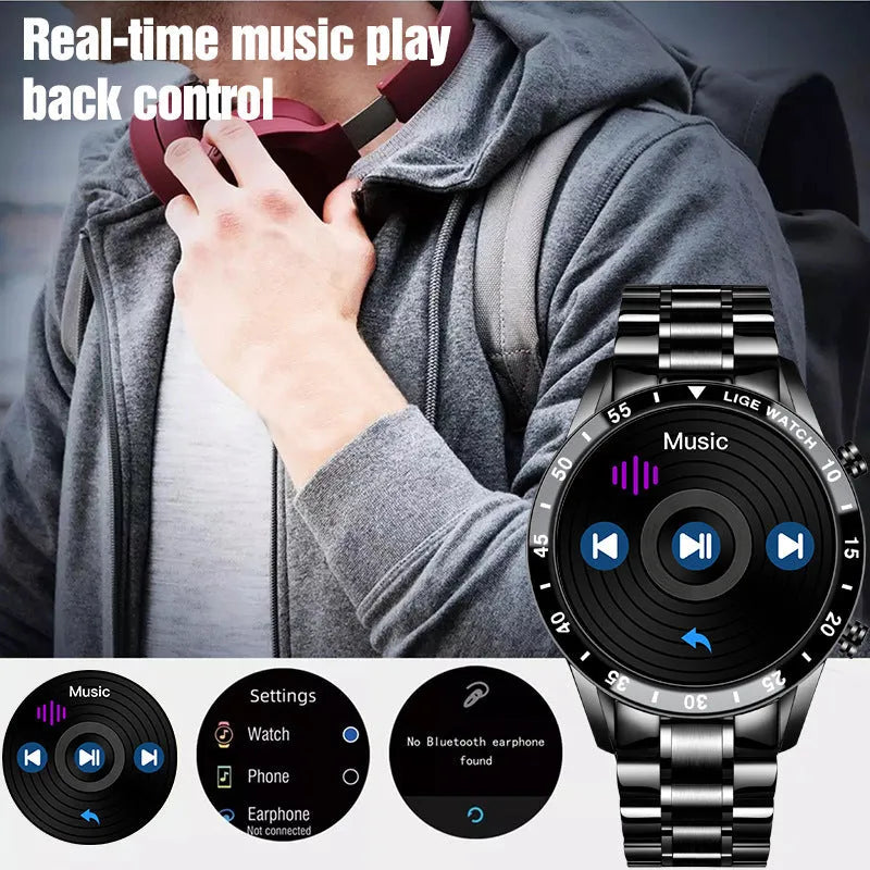 Smart watch with 1.3 inch touch screen, stainless steel wristband, 46mm dial, black or silver, with USB cable