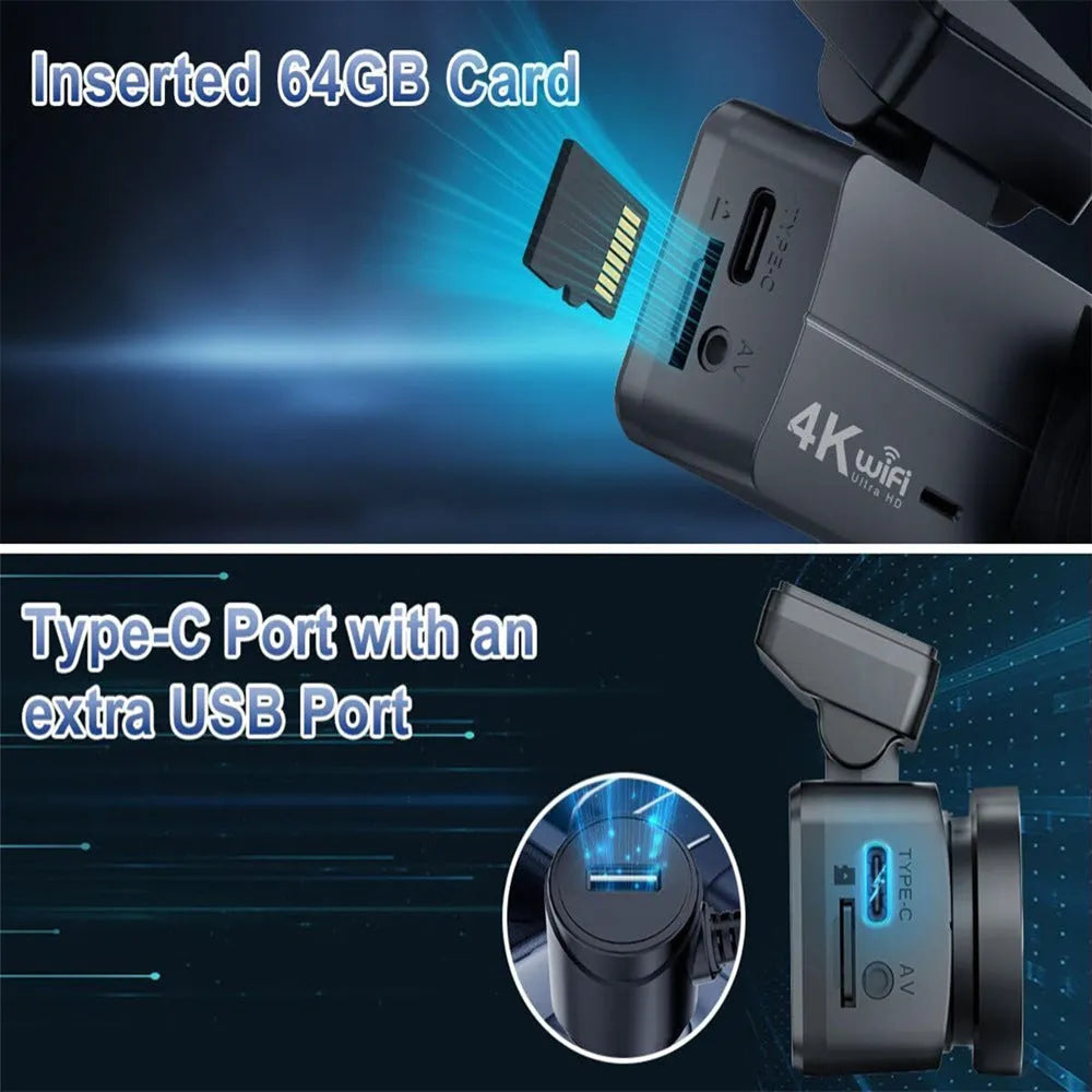 HD WiFi 4K driving recorder with loop recording, gravity sensor, and 1.5-inch IPS display in black