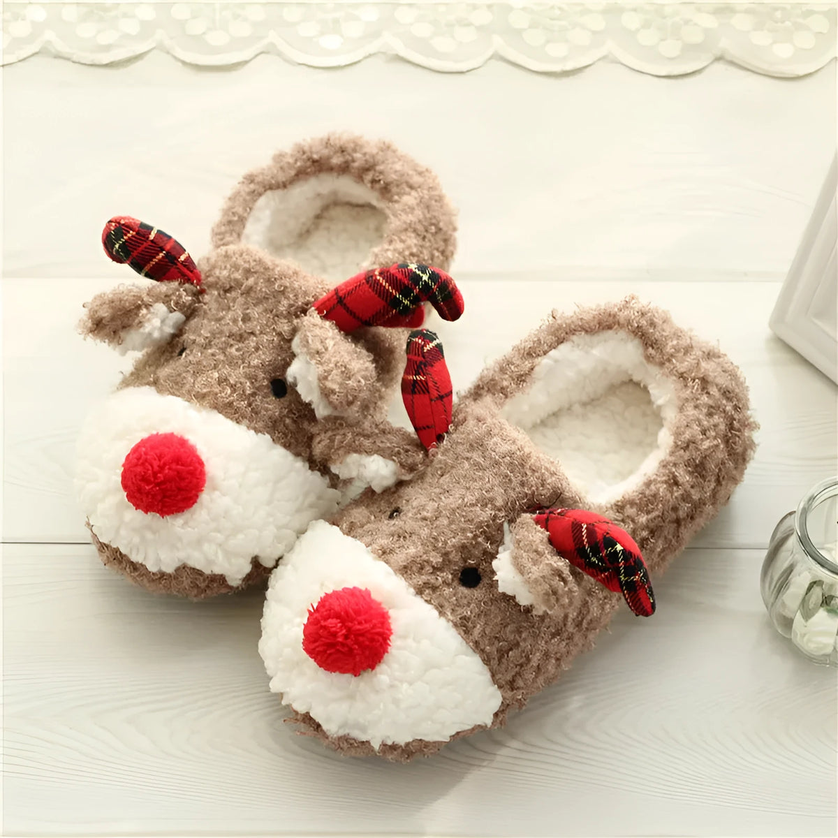 Brown suede flip-flop slippers for women with elk design, anti-slip TPR sole, sizes 35-40
