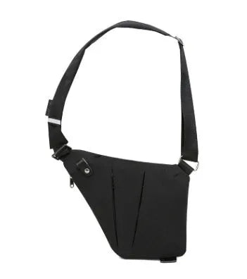 Canvas chest bag for men in black Oxford cloth with zipper closure, worn across the chest for anti-theft security