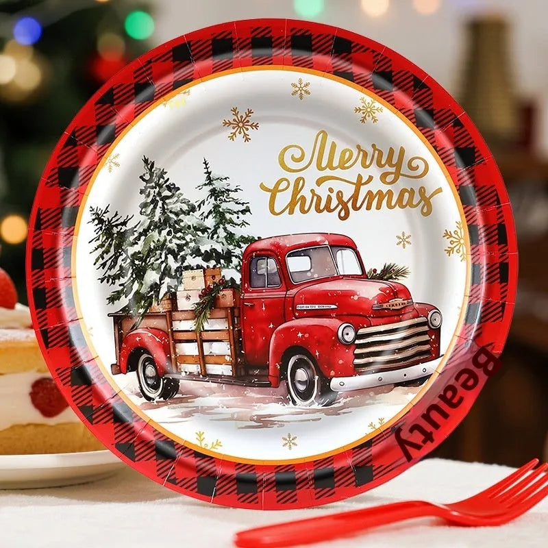 Pack of 10 disposable paper plates with cartoon Christmas design in 7-inch and 9-inch sizes