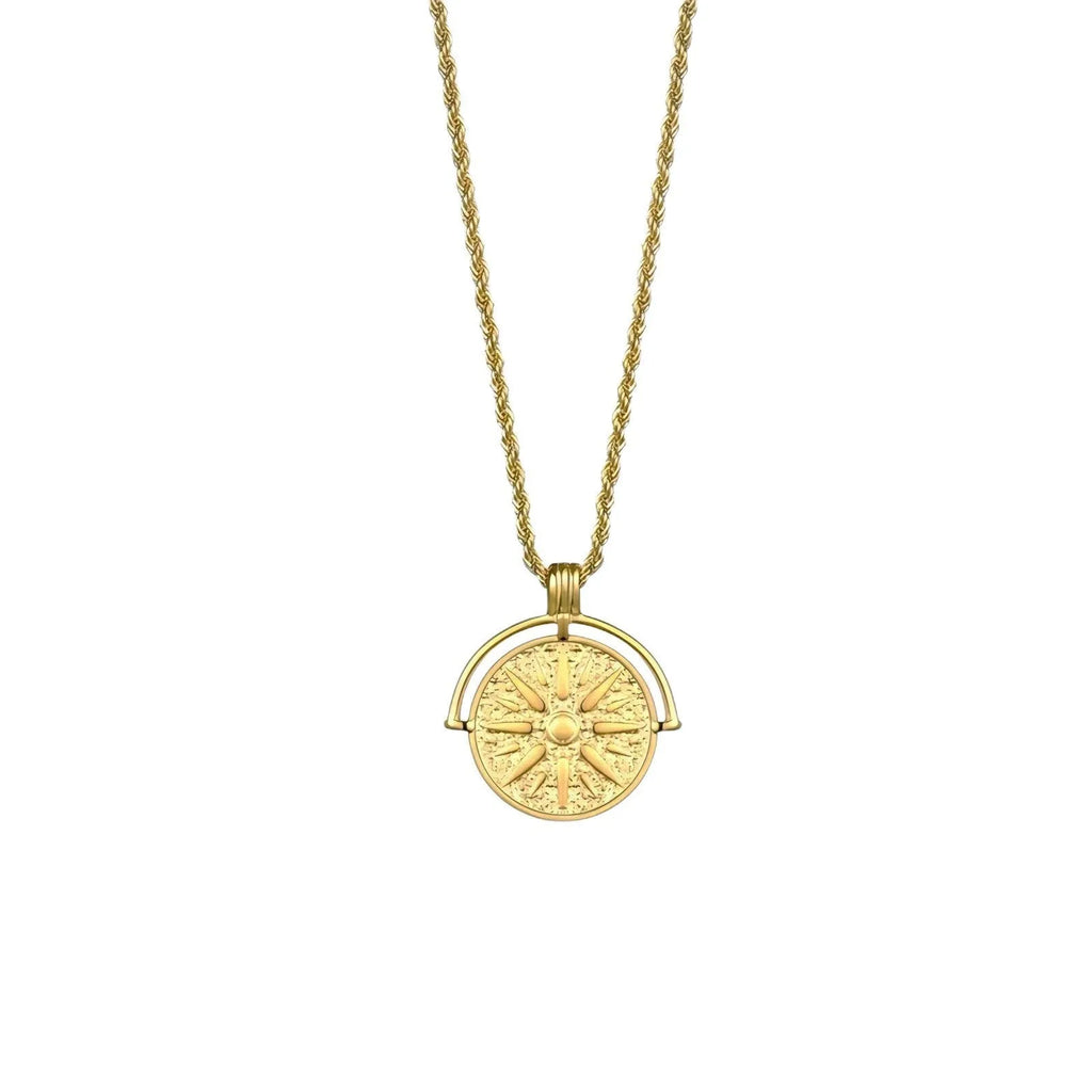 Gold titanium steel sunflower embossed pendant necklace with hemp flowers chain, adjustable 41-50 cm