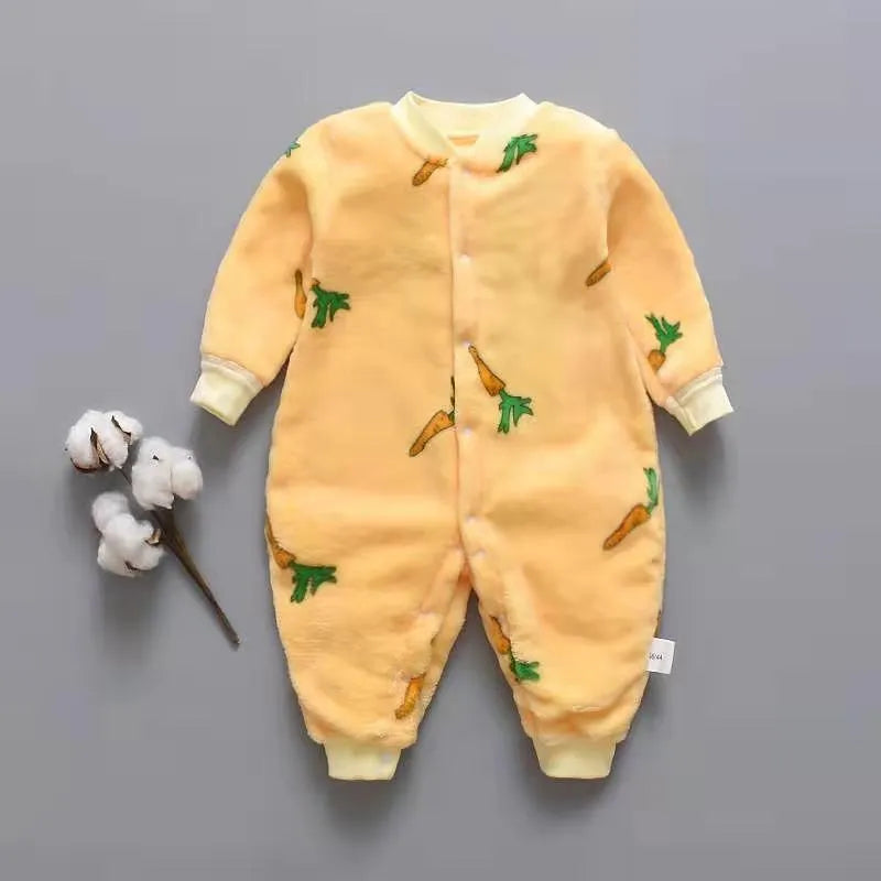 Long sleeve baby onesie romper in thicker flannel fabric with panda print design