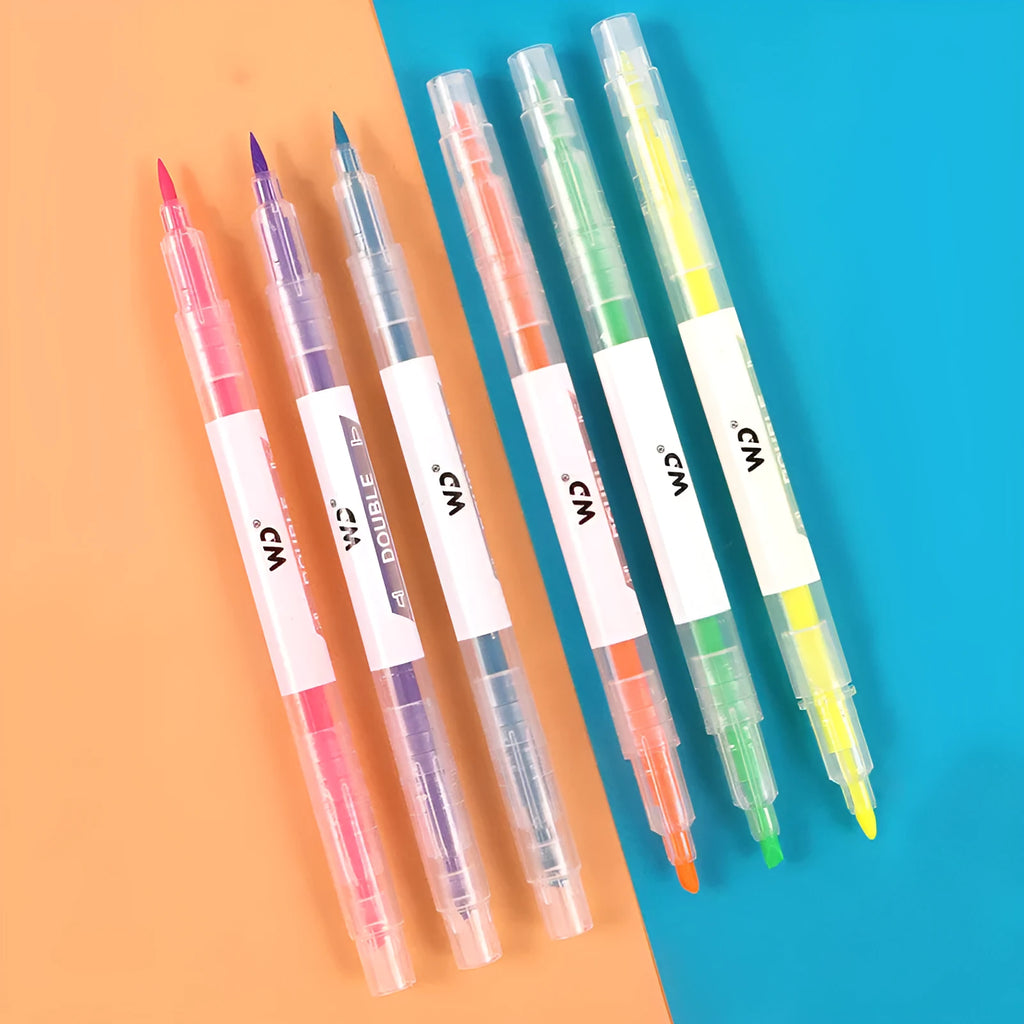 Set of six double-headed marker pens showing round and oblique tips in assorted colours