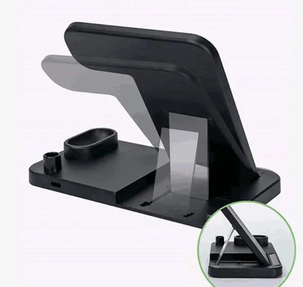 Black 4-in-1 wireless charging dock with phone on adjustable stand, Apple Watch and AirPods on charging modules