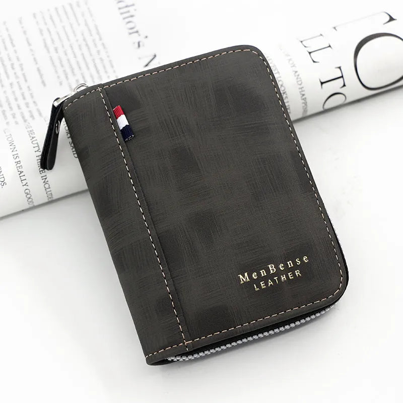 Business retro men's short wallet clutch in black polyurethane leather with letter print and multiple card pockets
