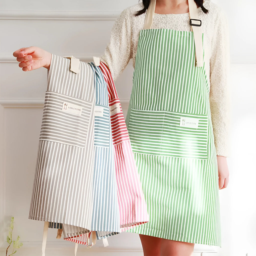Linen stripe apron in green blue brown red or grey for kitchen and household chores