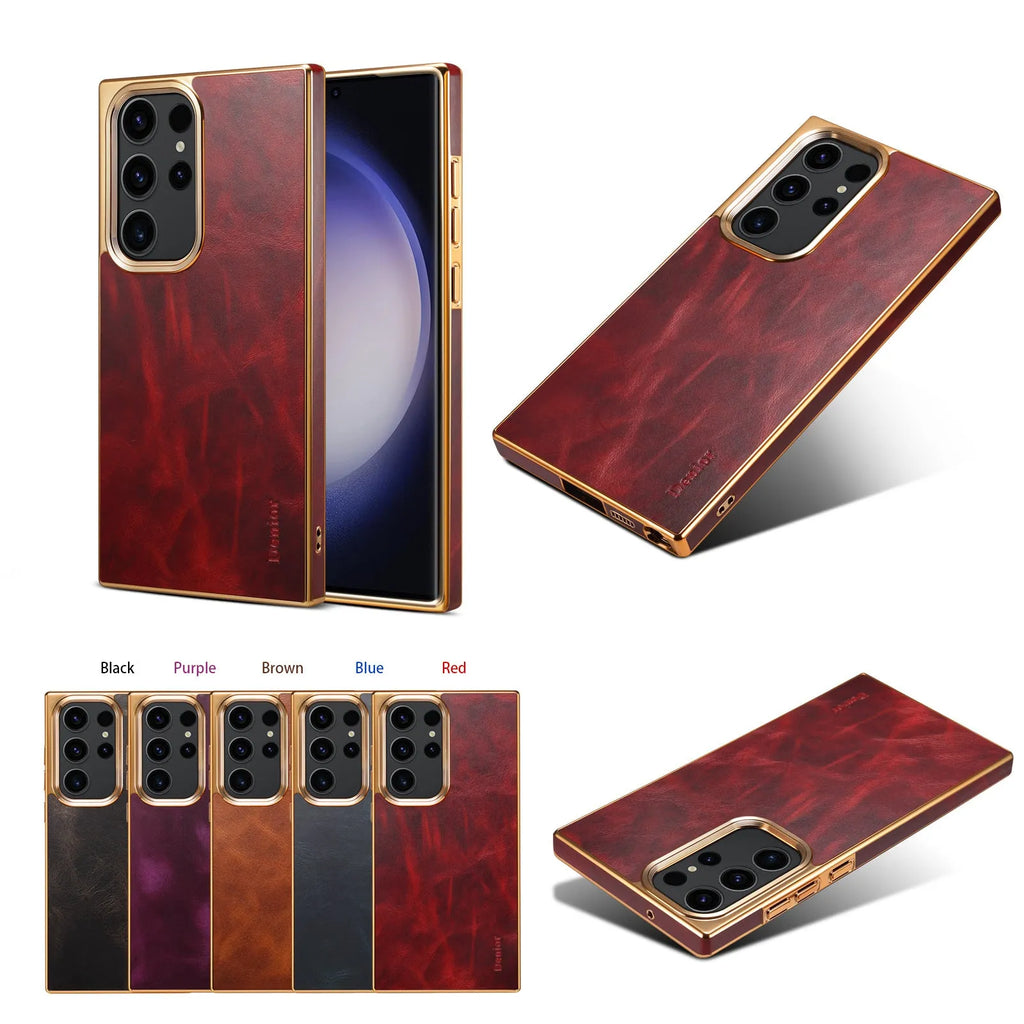 Oil wax calfskin phone case for Samsung Galaxy S23 S24 with animal monster design, available in blue black purple red brown.