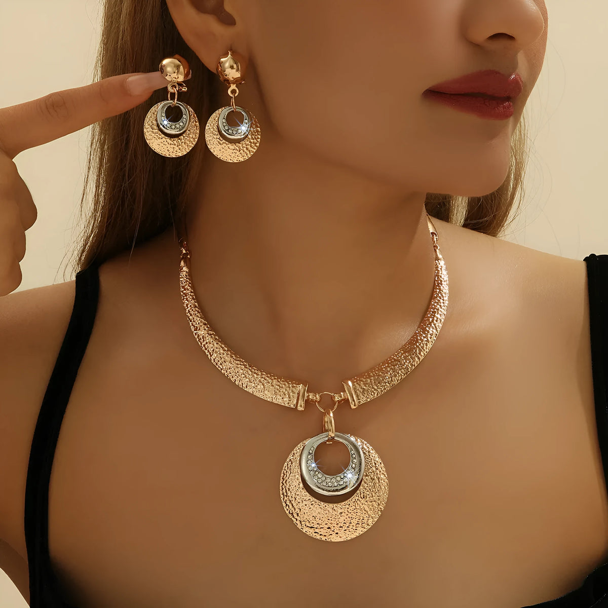 Gold alloy circle necklace and earrings set for women with celestial pattern options