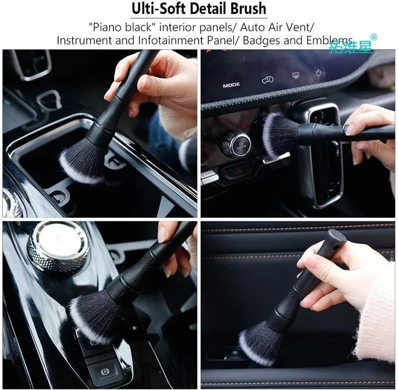 Black car detailing brush with pig hair bristles for interior cleaning