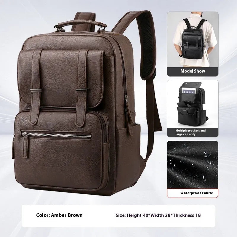 Men's waterproof PU travel rucksack 40x28x18cm with air pillow belt in amber brown, cold black or khaki
