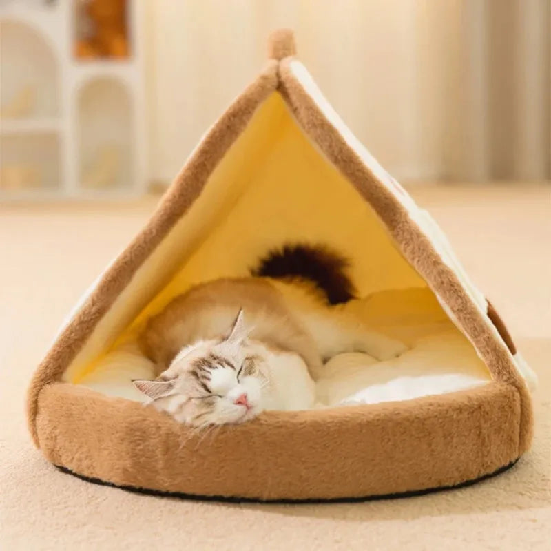Green enclosed cat tent bed with removable blanket, shown in a large size for scale.