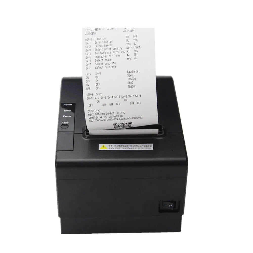 Minimal design kitchen thermal receipt printer with 80mm paper width and multiple connectivity ports
