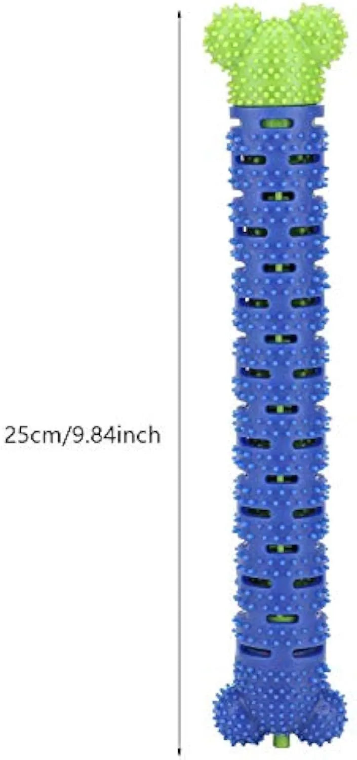 Blue green silicone dog toothbrush chew toy with bristles and nodules for teeth cleaning.