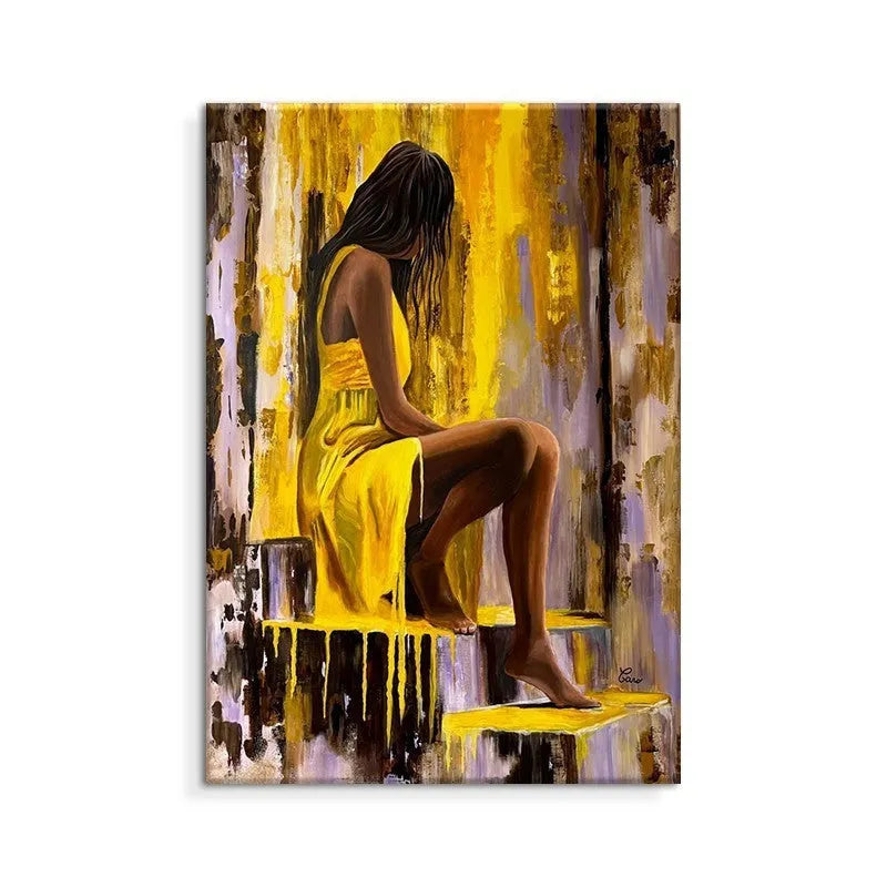 Hand-painted oil painting of a girl in a yellow dress on canvas for modern wall art