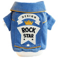 Blue denim rock embroidered pet coat for small dogs, available in XS S M L XL sizes.