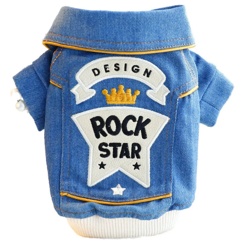 Blue denim rock embroidered pet coat for small dogs, available in XS S M L XL sizes.