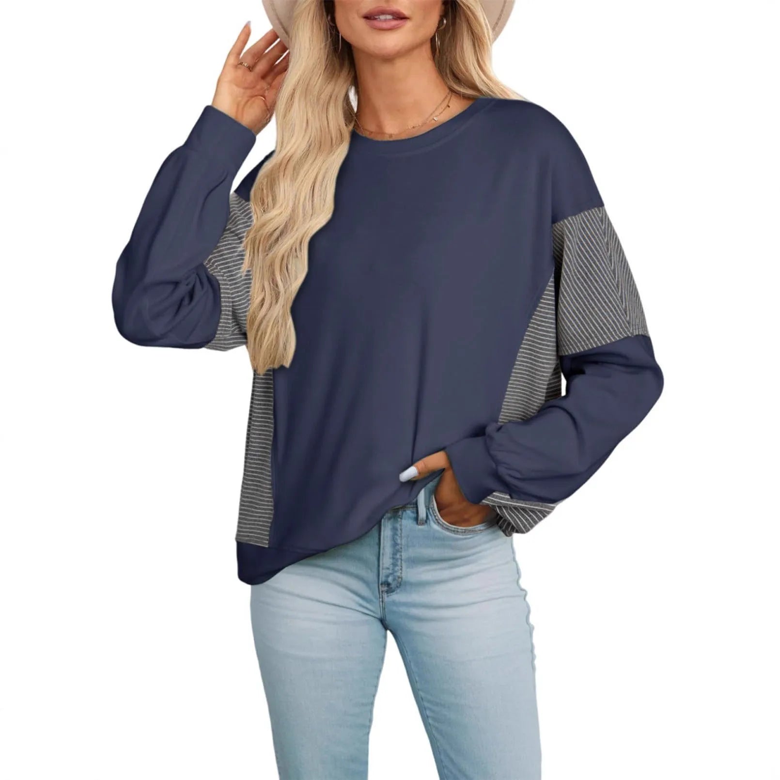Striped color-blocked round neck long-sleeved polyester pullover sweatshirt in gray
