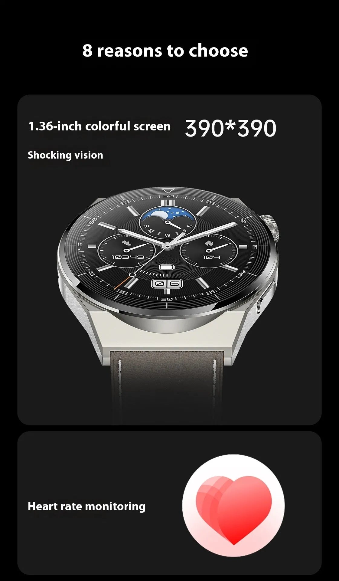 Black and silver smartwatch with silicone strap showing a heart rate monitoring display on its touchscreen.