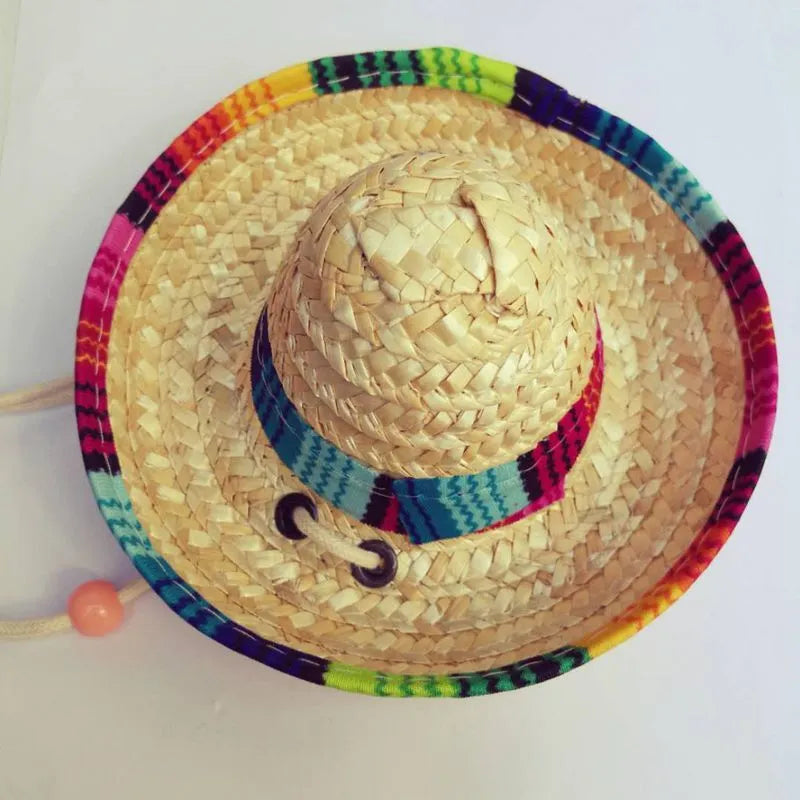 Mini woven straw pet hat for small dogs and cats, one size, 16cm diameter, Mexican-style pattern